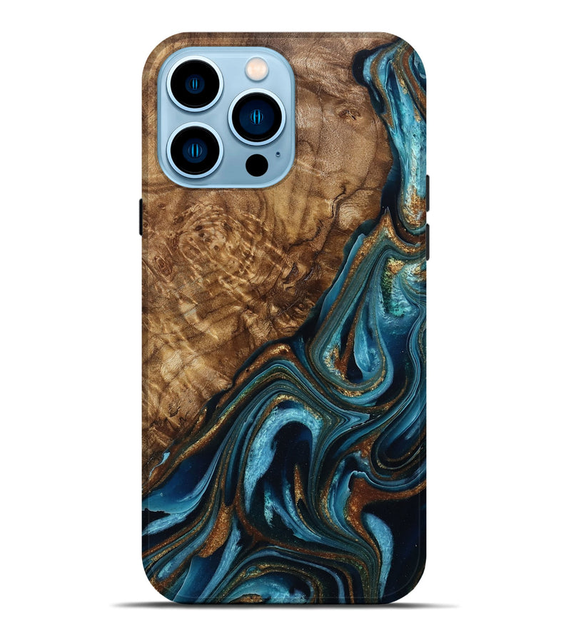 iPhone 14 Pro Max Wood Live Edge Phone Case - Elisa (Teal & Gold, 788852)