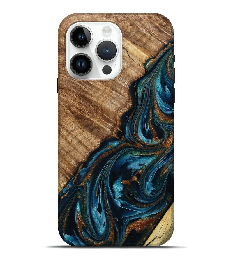 iPhone 15 Pro Max Wood Live Edge Phone Case - Wayne (Teal & Gold, 788854)