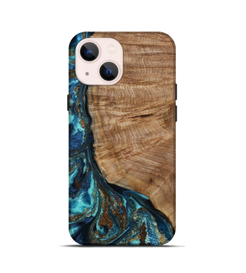 iPhone 13 mini Wood Live Edge Phone Case - Ivey (Teal & Gold, 788861)