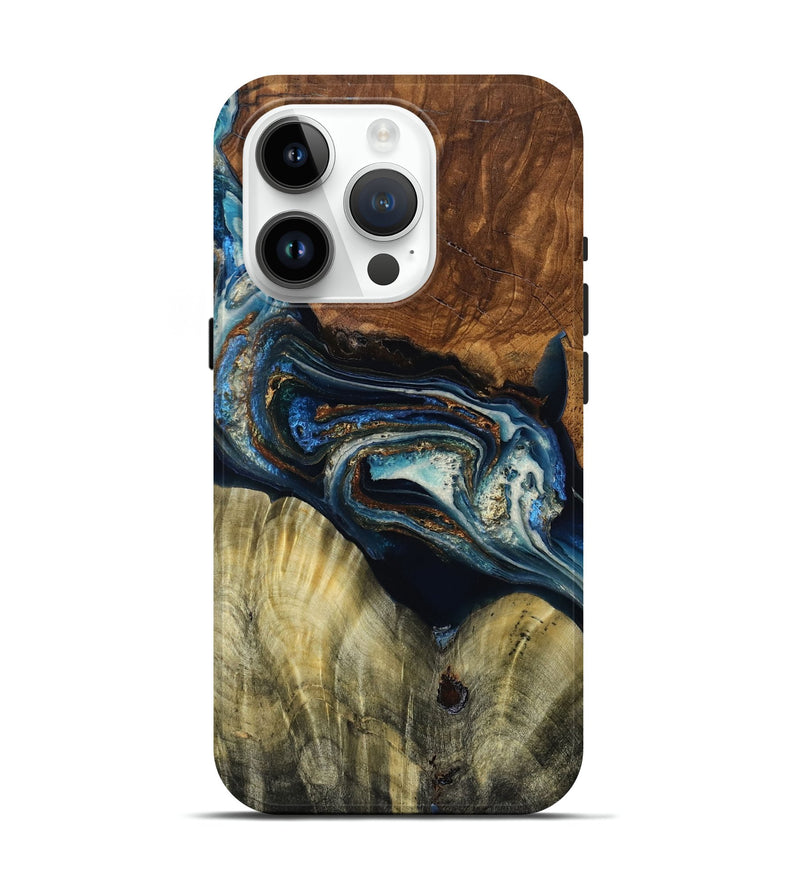 iPhone 15 Pro Wood Live Edge Phone Case - Breann (Teal & Gold, 788867)