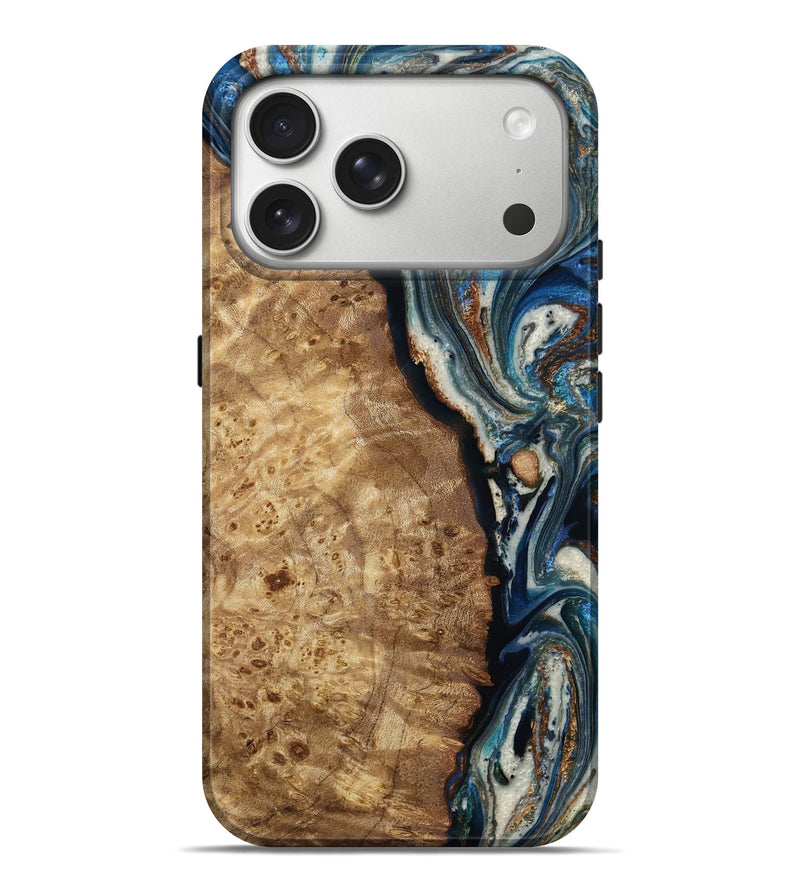 iPhone 17 Pro Max Wood Live Edge Phone Case - Dennis (Teal & Gold, 788877)
