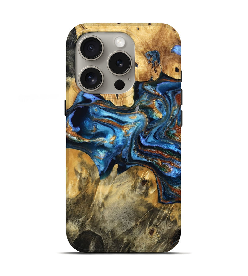 iPhone 16 Pro Wood Live Edge Phone Case - Sawyer (Teal & Gold, 788907)