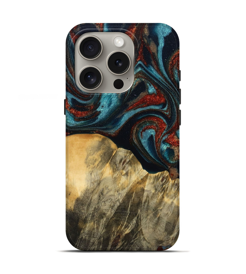 iPhone 16 Pro Wood Live Edge Phone Case - Nannie (Teal & Gold, 789067)
