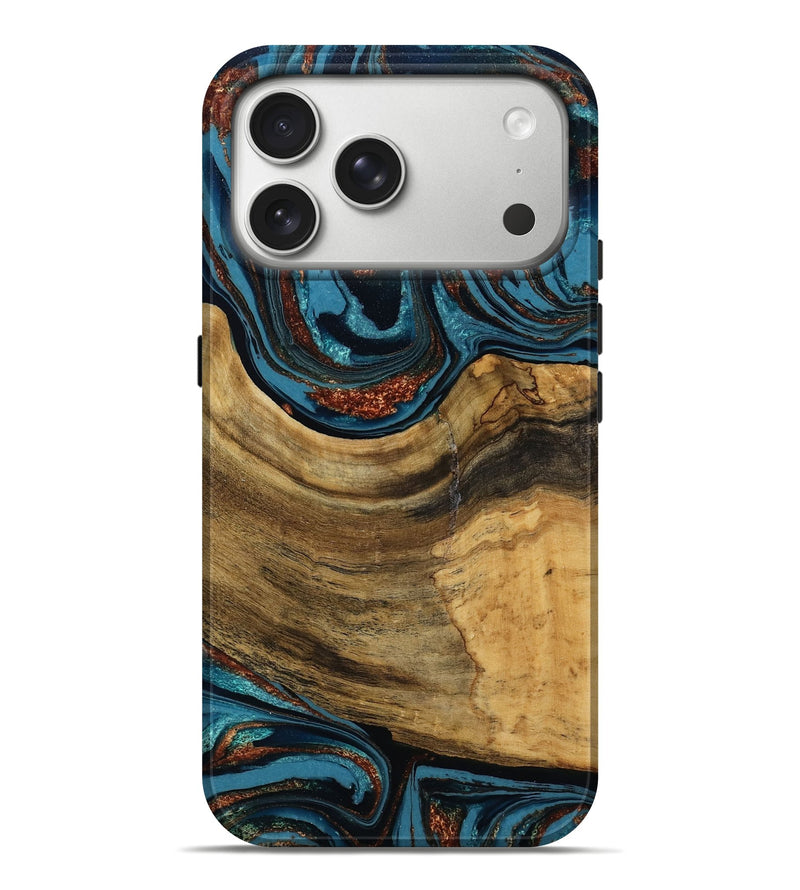 iPhone 17 Pro Max Wood Live Edge Phone Case - Loni (Teal & Gold, 789086)