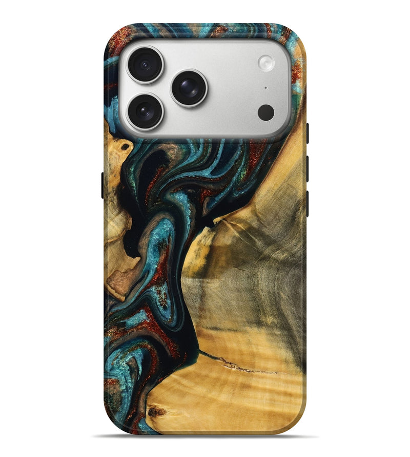 iPhone 17 Pro Max Wood Live Edge Phone Case - Odie (Teal & Gold, 789087)