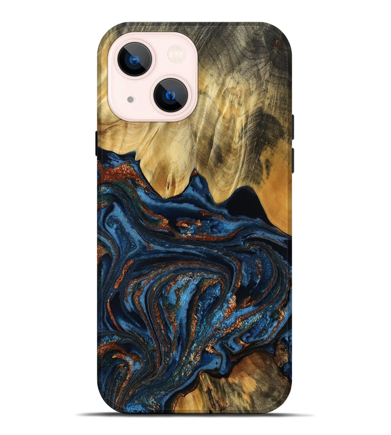 iPhone 14 Plus Wood Live Edge Phone Case - Reina (Teal & Gold, 789090)