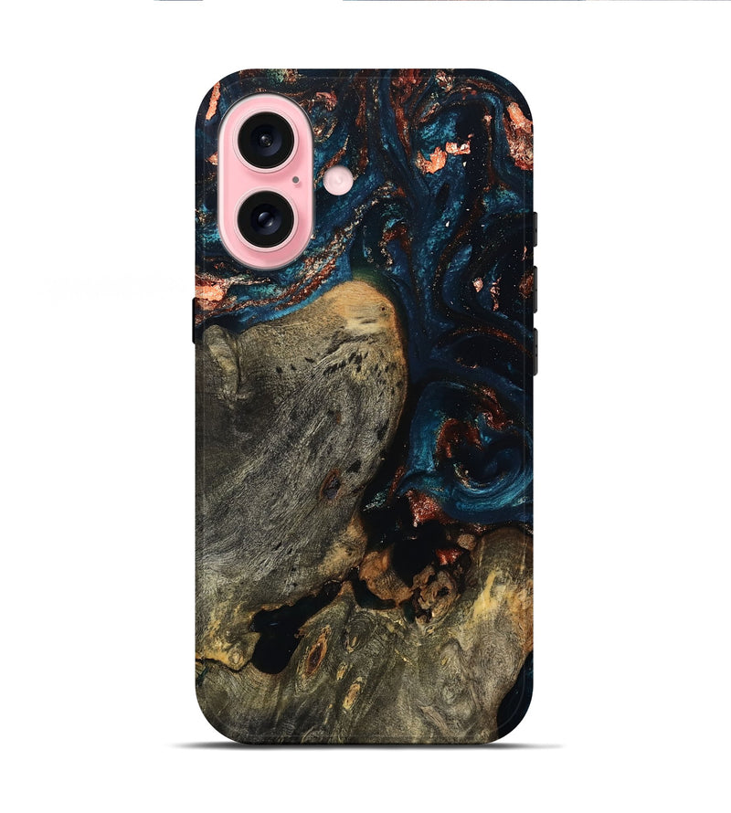 iPhone 16 Wood Live Edge Phone Case - Savanah (Teal & Gold, 789610)