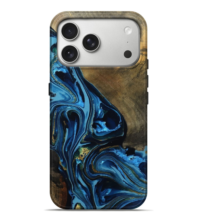 iPhone 17 Pro Max Wood Live Edge Phone Case - Windy (Teal & Gold, 789804)