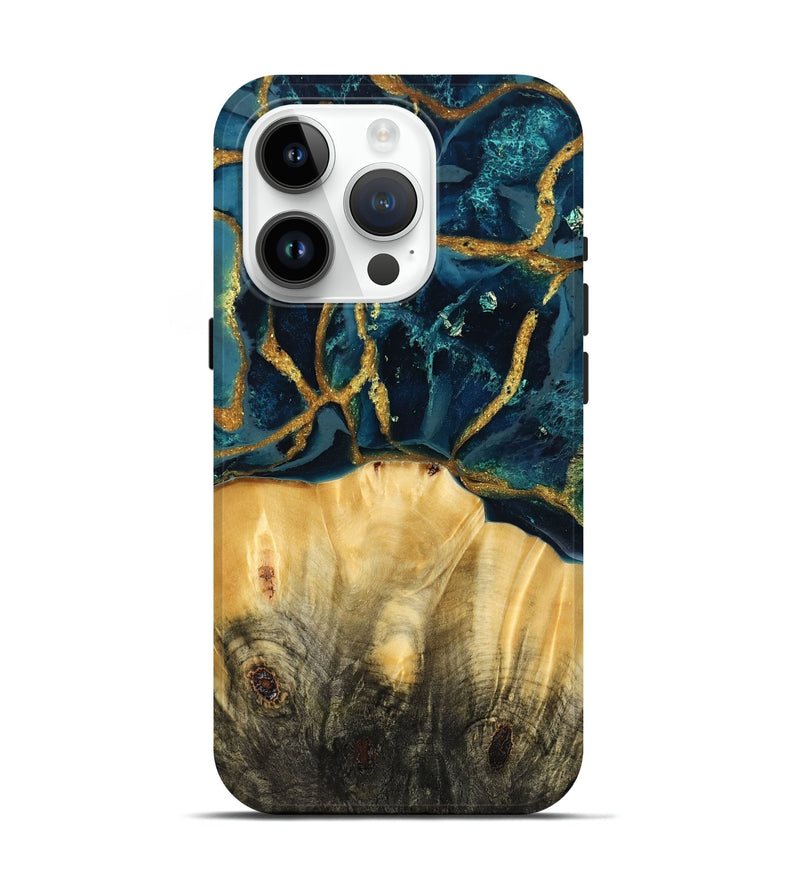 iPhone 15 Pro Wood Live Edge Phone Case - Wilma (Teal & Gold, 789810)