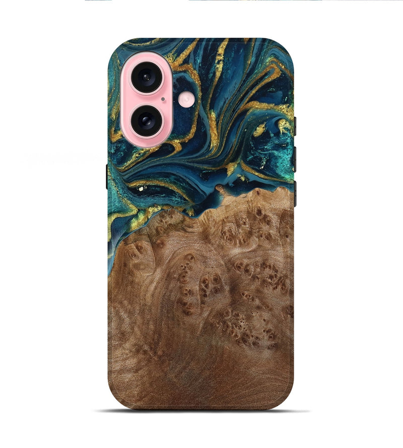 iPhone 16 Wood Live Edge Phone Case - Vernice (Teal & Gold, 789813)