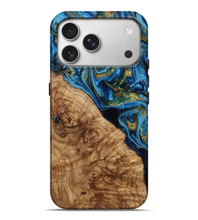 iPhone 17 Pro Max Wood Live Edge Phone Case - Ada (Teal & Gold, 789814)