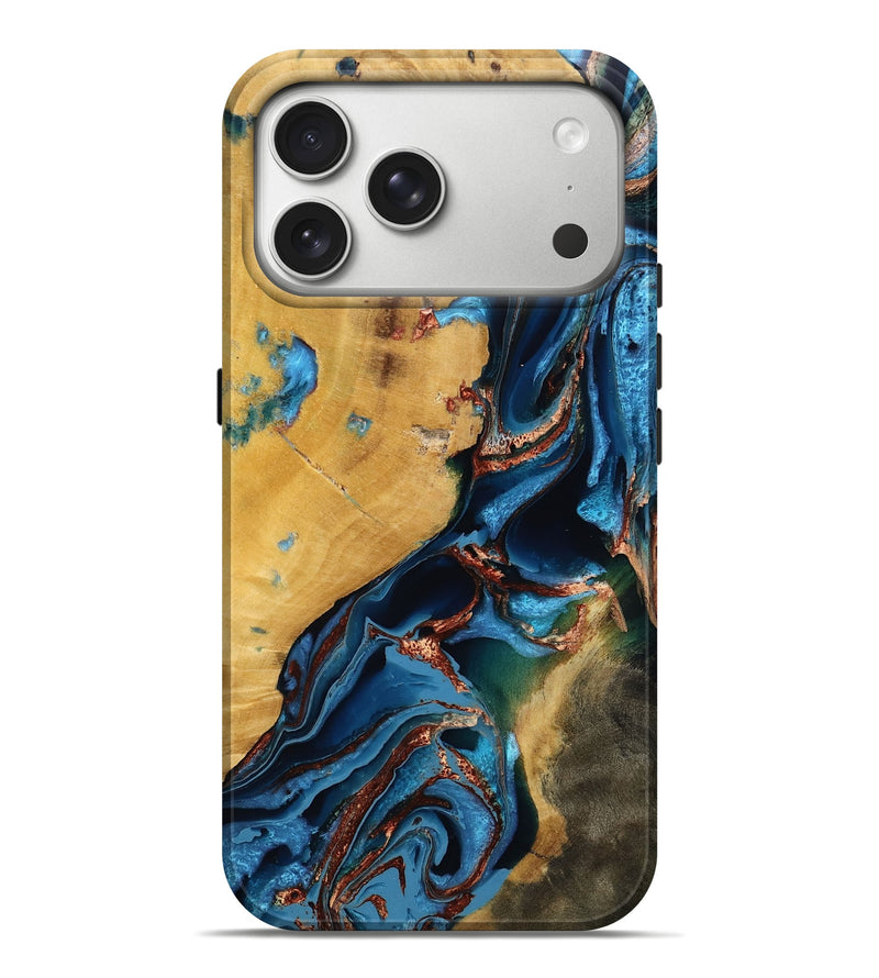 iPhone 17 Pro Max Wood Live Edge Phone Case - Elva (Teal & Gold, 789815)