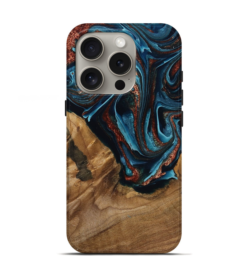 iPhone 16 Pro Wood Live Edge Phone Case - Corina (Teal & Gold, 789847)