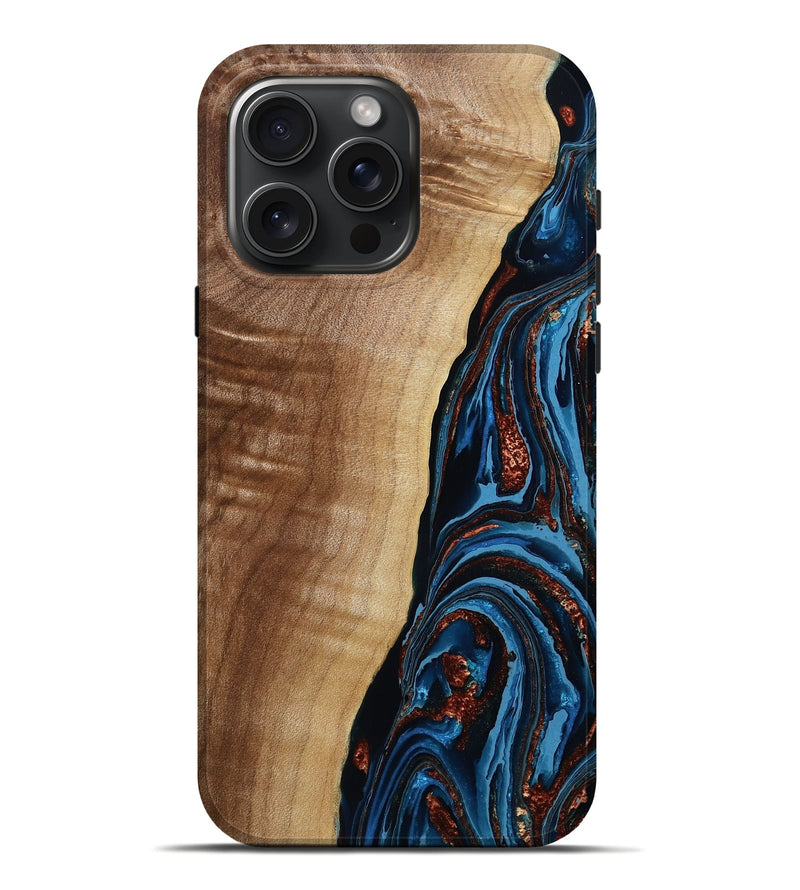 iPhone 16 Pro Max Wood Live Edge Phone Case - Christ (Teal & Gold, 790184)