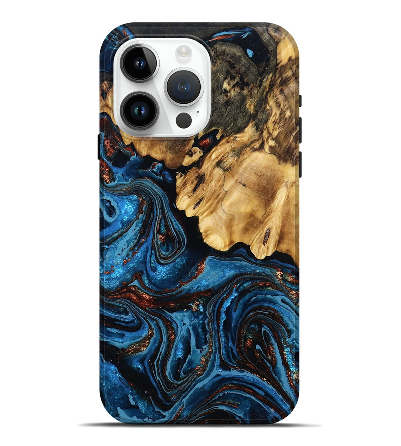 iPhone 15 Pro Max Wood Live Edge Phone Case - Barton (Teal & Gold, 790194)