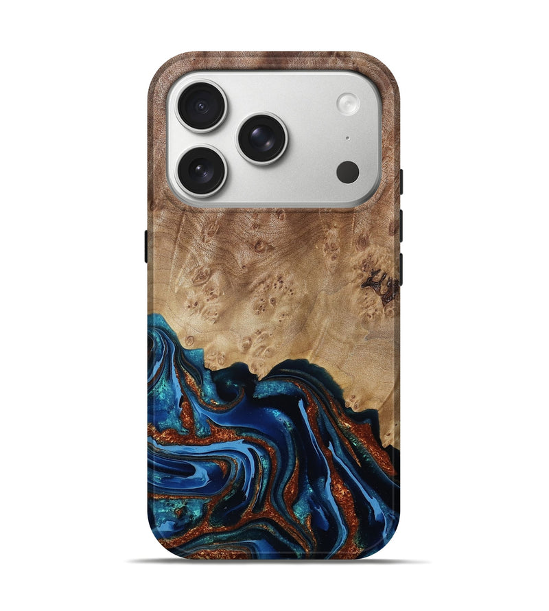 iPhone 17 Pro Wood Live Edge Phone Case - Waverly (Teal & Gold, 790196)