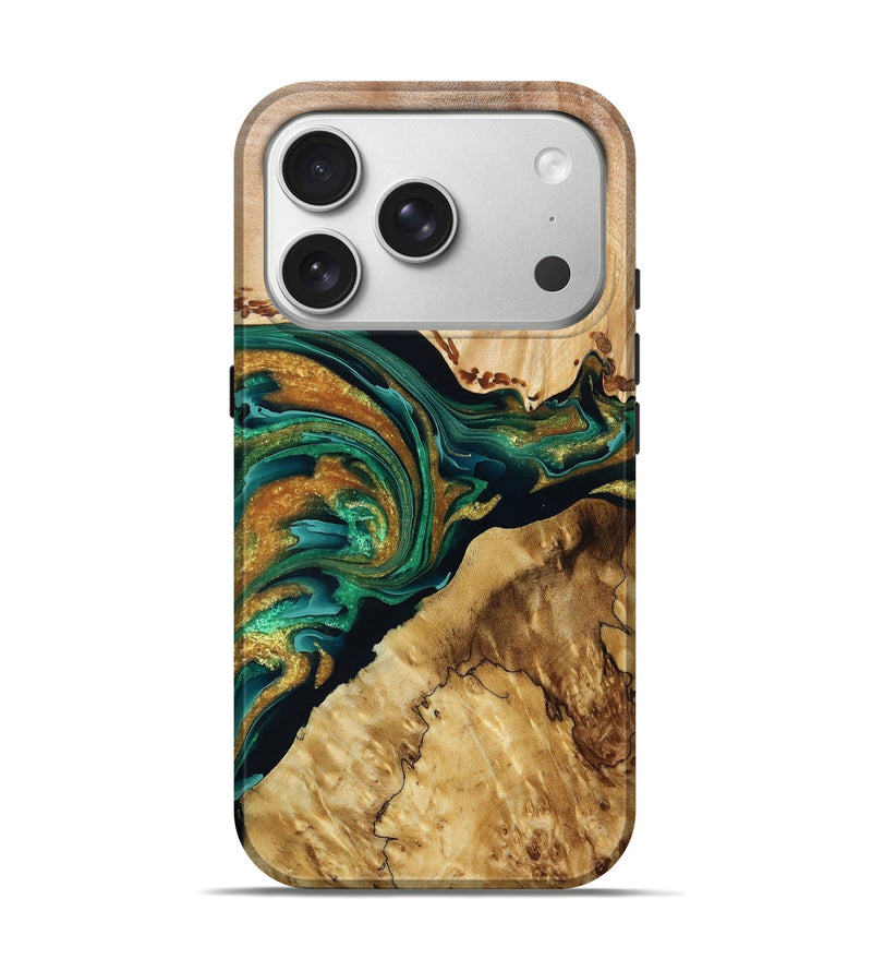 iPhone 17 Pro Wood Live Edge Phone Case - Ada (Teal & Gold, 790346)