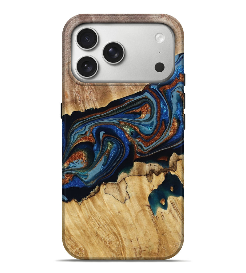 iPhone 17 Pro Max Wood Live Edge Phone Case - Gustav (Teal & Gold, 790601)