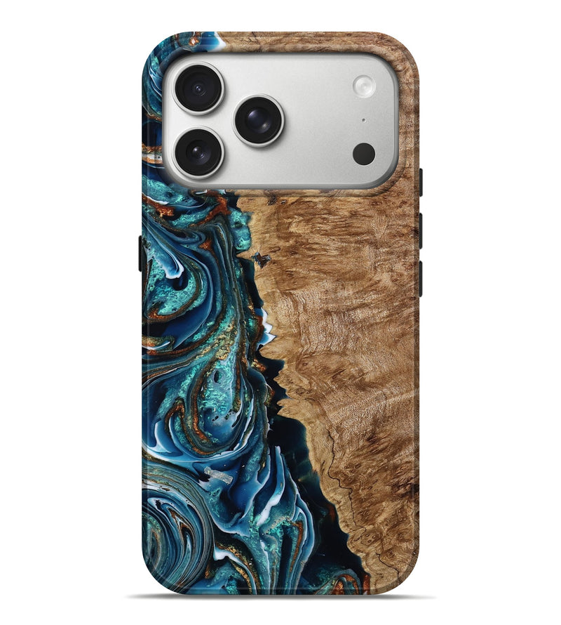 iPhone 17 Pro Max Wood Live Edge Phone Case - Jasen (Teal & Gold, 790789)