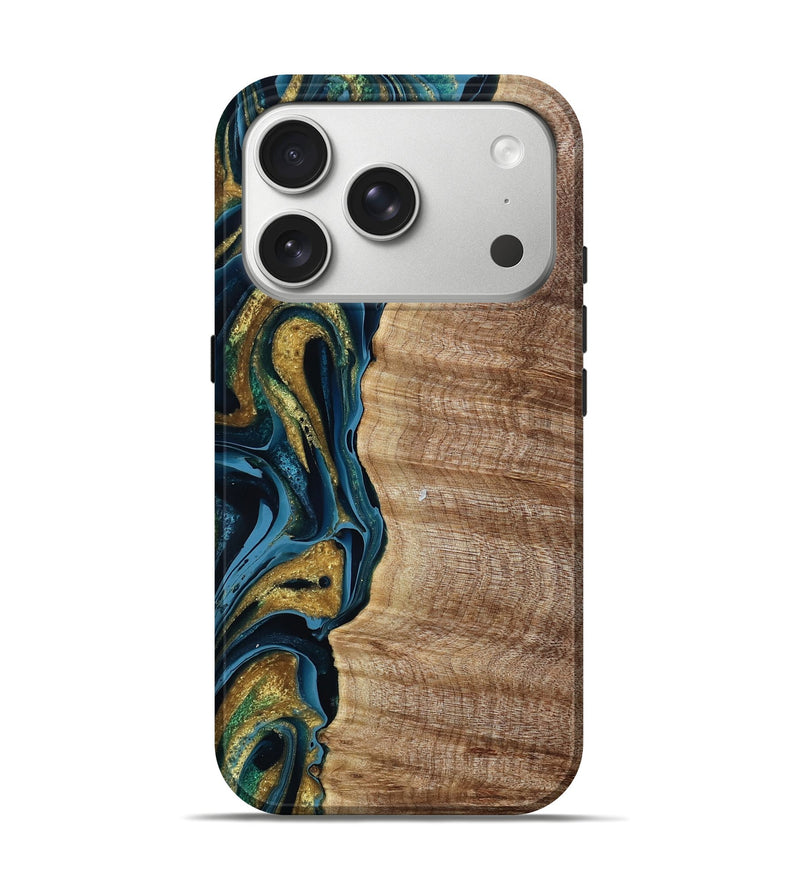 iPhone 17 Pro Wood Live Edge Phone Case - Shelba (Teal & Gold, 790790)