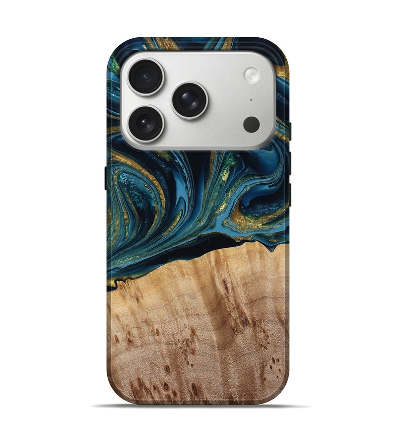 iPhone 17 Pro Wood Live Edge Phone Case - Otis (Teal & Gold, 790791)