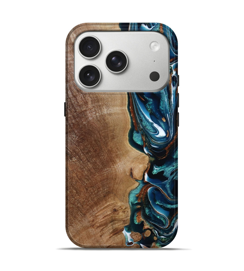iPhone 17 Pro Wood Live Edge Phone Case - Keith (Teal & Gold, 790795)