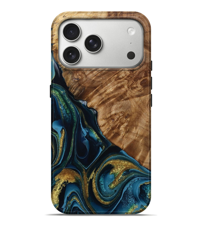iPhone 17 Pro Max Wood Live Edge Phone Case - Billy (Teal & Gold, 790803)