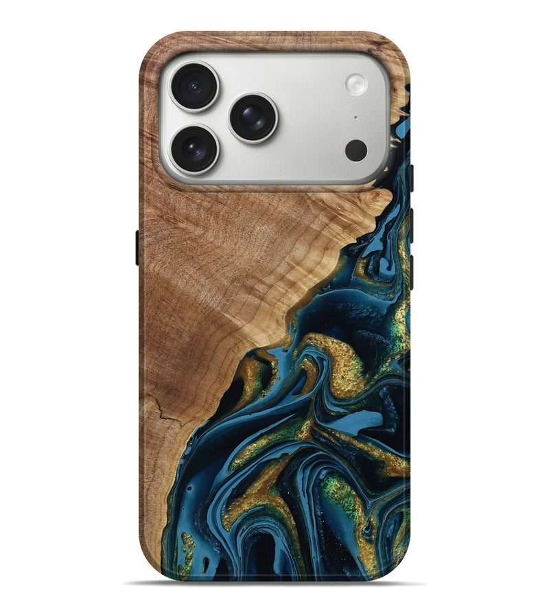 iPhone 17 Pro Max Wood Live Edge Phone Case - Elouise (Teal & Gold, 790807)