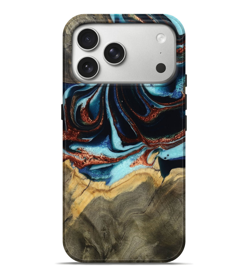 iPhone 17 Pro Max Wood Live Edge Phone Case - Roberta (Teal & Gold, 791198)
