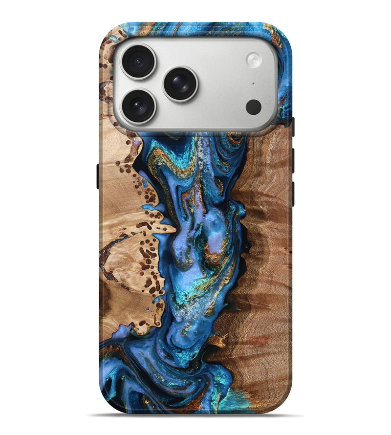 iPhone 17 Pro Max Wood Live Edge Phone Case - Chynna (Teal & Gold, 791247)
