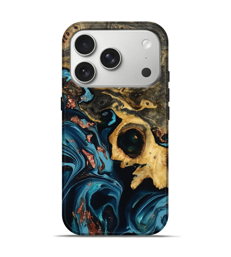 iPhone 17 Pro Wood Live Edge Phone Case - Zara (Teal & Gold, 791565)