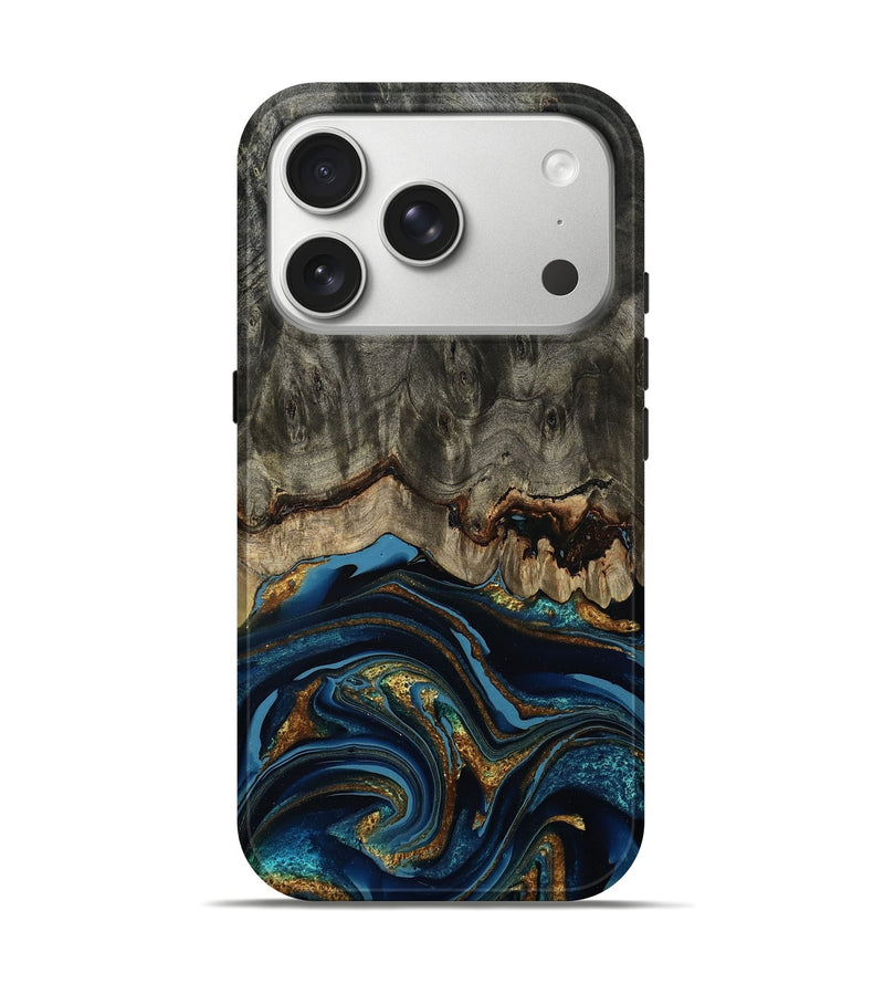 iPhone 17 Pro Wood Live Edge Phone Case - Shara (Teal & Gold, 791567)