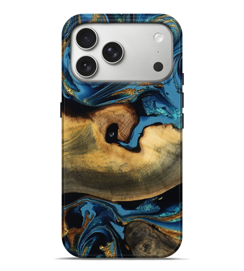 iPhone 17 Pro Max Wood Live Edge Phone Case - Jalyn (Teal & Gold, 791578)