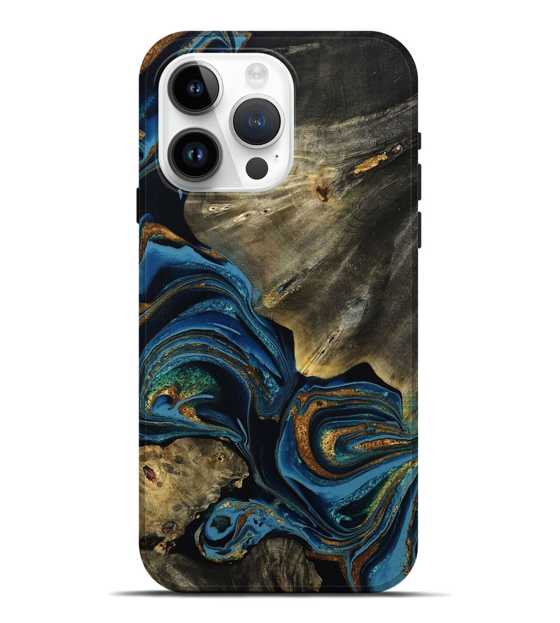 iPhone 15 Pro Max Wood Live Edge Phone Case - Breann (Teal & Gold, 791584)