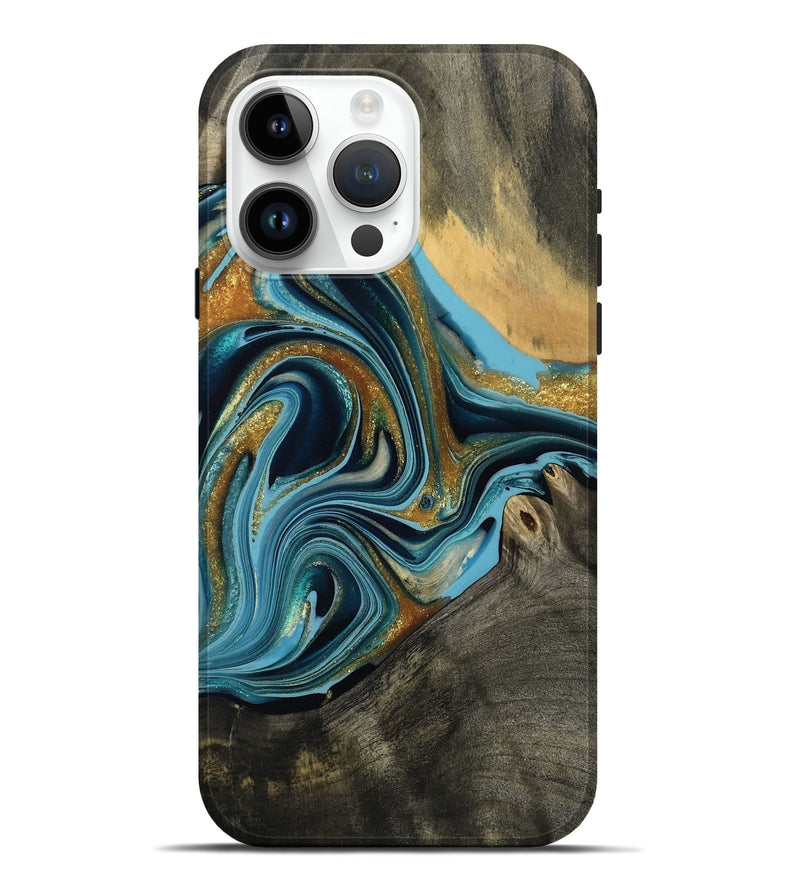 iPhone 15 Pro Max Wood Live Edge Phone Case - Harlow (Teal & Gold, 792016)
