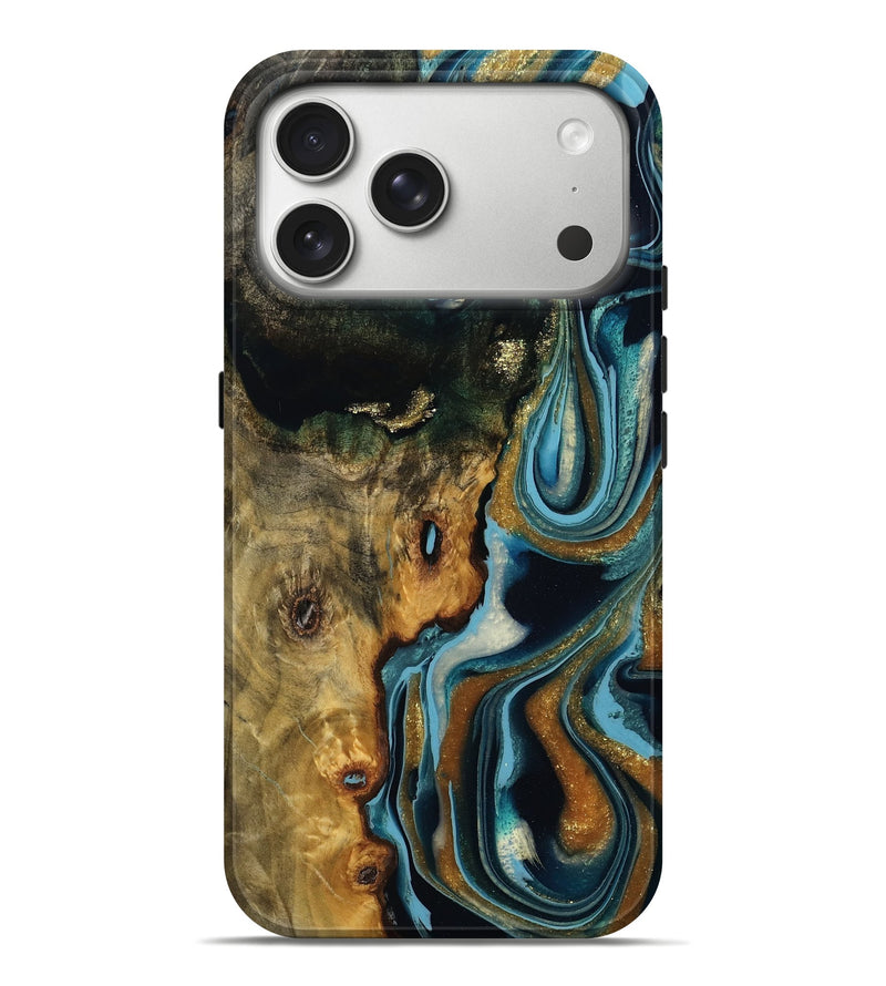 iPhone 17 Pro Max Wood Live Edge Phone Case - Katina (Teal & Gold, 792017)
