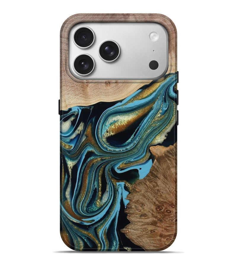 iPhone 17 Pro Max Wood Live Edge Phone Case - Mettie (Teal & Gold, 792018)