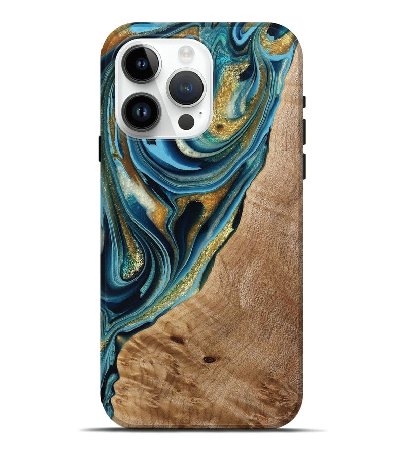iPhone 15 Pro Max Wood Live Edge Phone Case - Darwin (Teal & Gold, 792019)