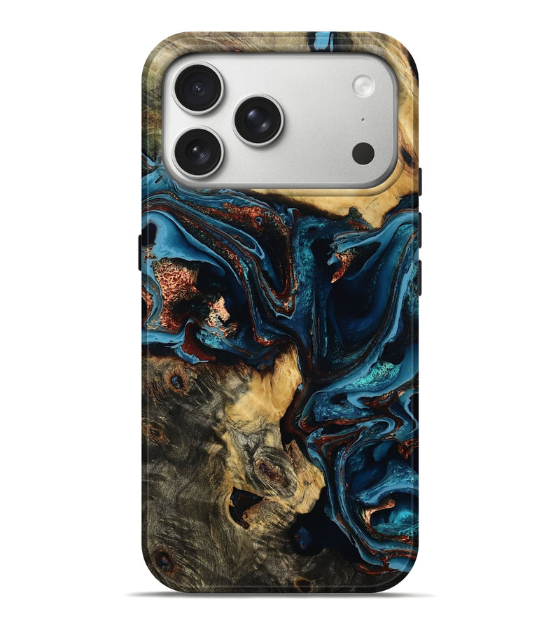 iPhone 17 Pro Max Wood Live Edge Phone Case - Damion (Teal & Gold, 792034)