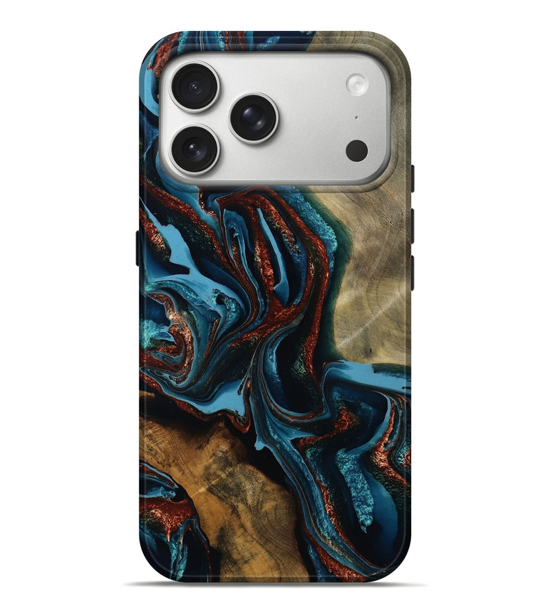 iPhone 17 Pro Max Wood Live Edge Phone Case - Marlen (Teal & Gold, 792035)