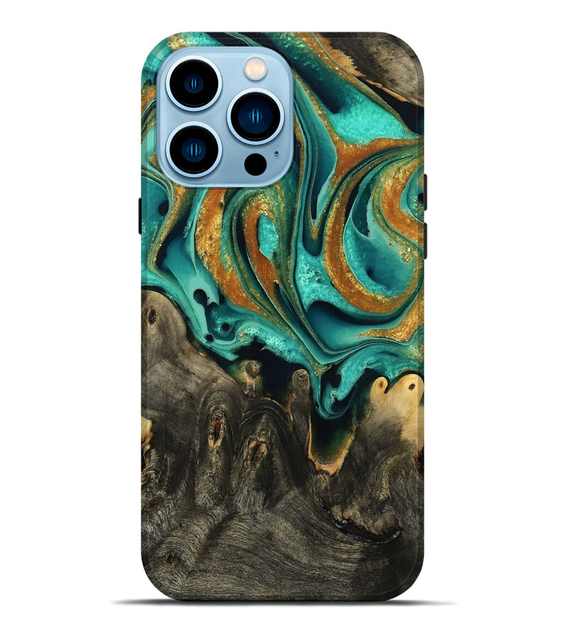 iPhone 14 Pro Max Wood Live Edge Phone Case - Cordero (Teal & Gold, 792037)