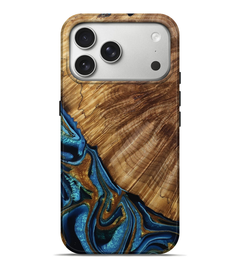 iPhone 17 Pro Max Wood Live Edge Phone Case - Chaim (Teal & Gold, 792039)
