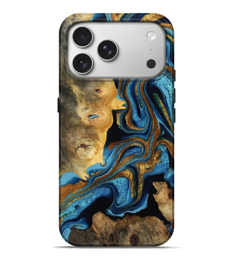 iPhone 17 Pro Max Wood Live Edge Phone Case - Jena (Teal & Gold, 792040)