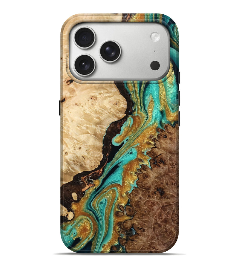 iPhone 17 Pro Max Wood Live Edge Phone Case - Nikia (Teal & Gold, 792042)
