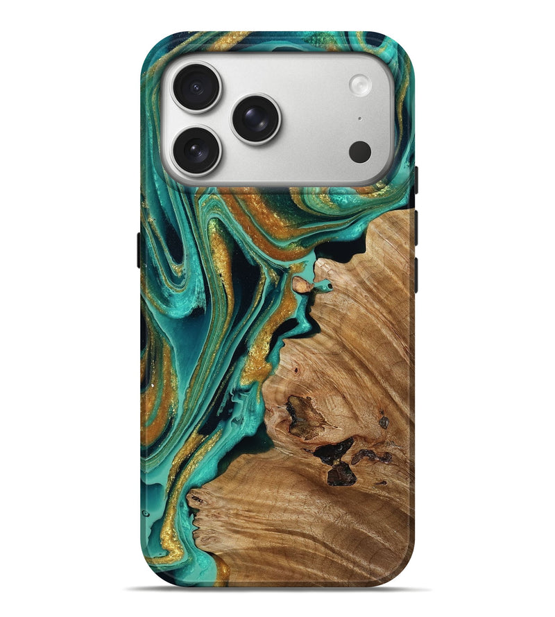 iPhone 17 Pro Max Wood Live Edge Phone Case - Patrice (Teal & Gold, 792044)