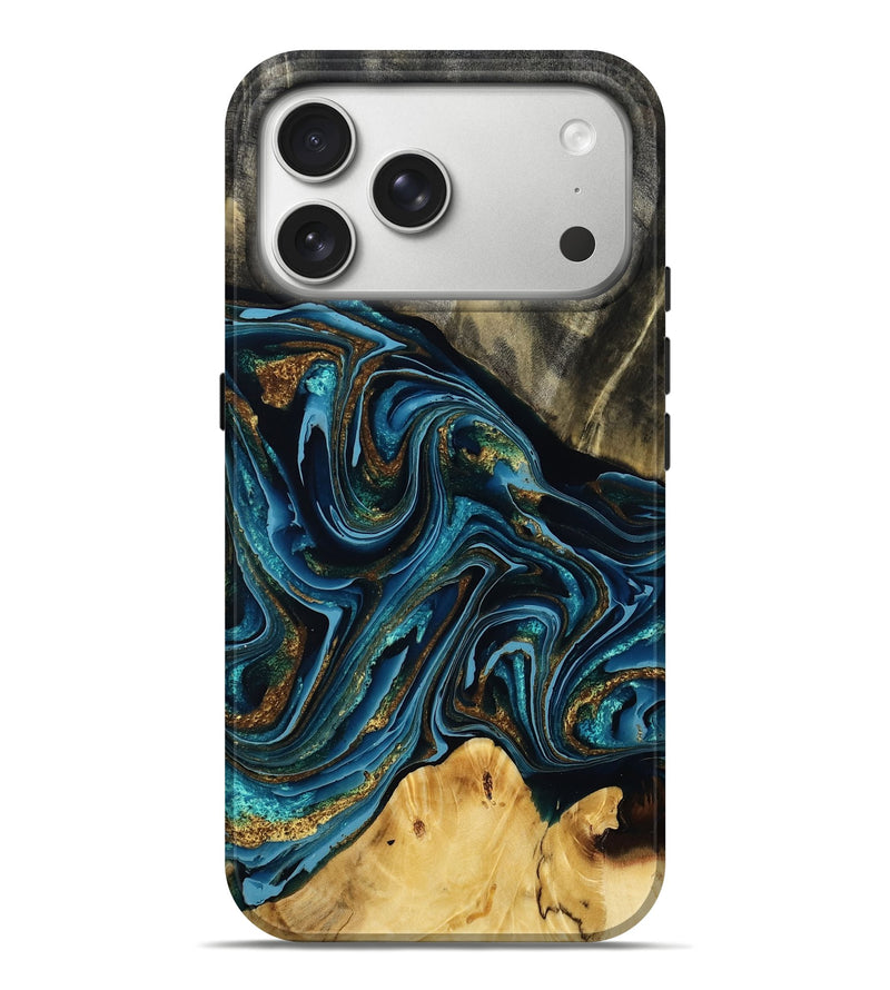iPhone 17 Pro Max Wood Live Edge Phone Case - Dash (Teal & Gold, 793137)