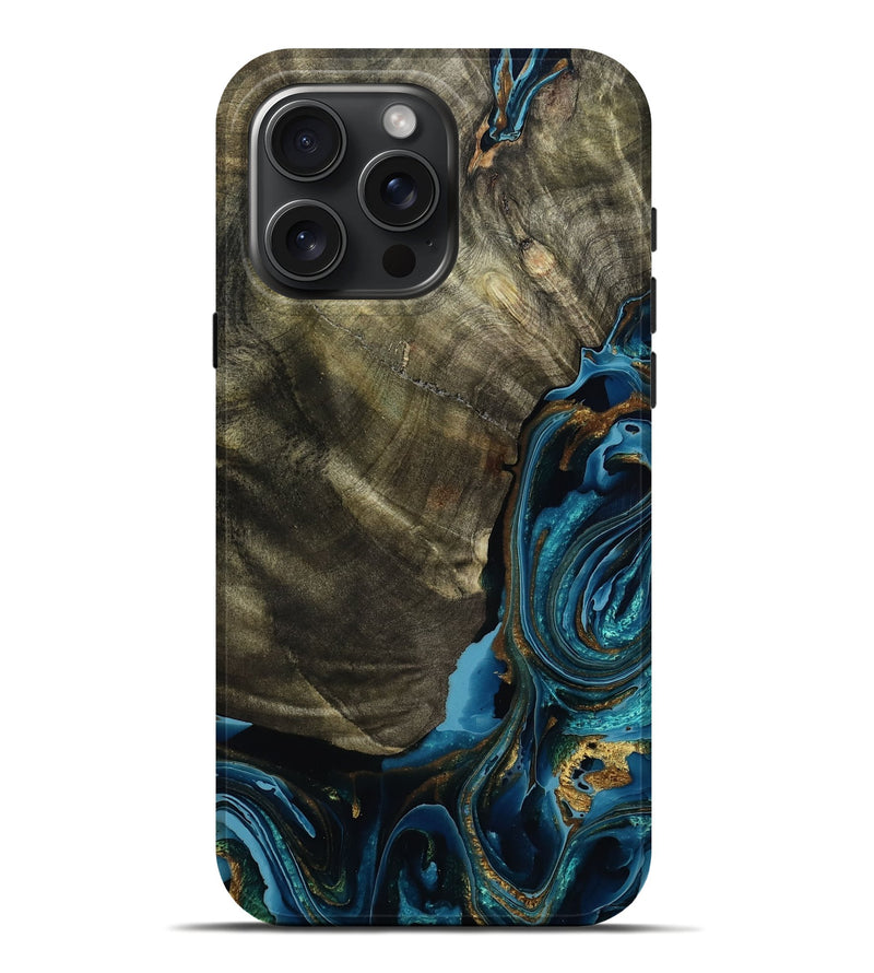iPhone 16 Pro Max Wood Live Edge Phone Case - Jerod (Teal & Gold, 793157)