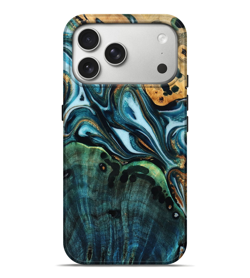 iPhone 17 Pro Max Wood Live Edge Phone Case - Araceli (Teal & Gold, 793402)