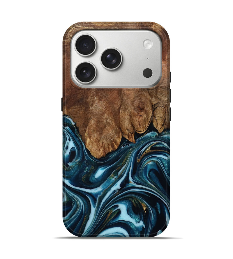 iPhone 17 Pro Wood Live Edge Phone Case - Kyren (Teal & Gold, 793403)