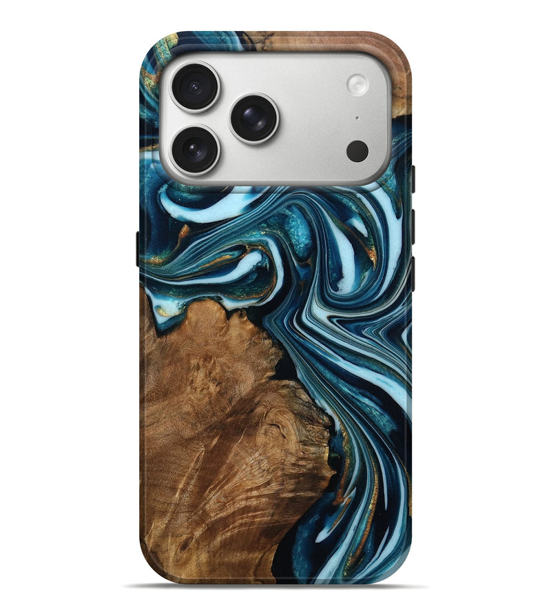 iPhone 17 Pro Max Wood Live Edge Phone Case - Eve (Teal & Gold, 793404)